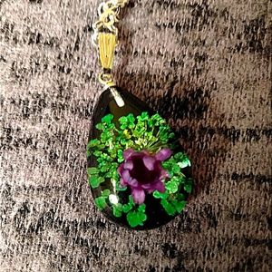 Green clover & purple flower teardrop charm